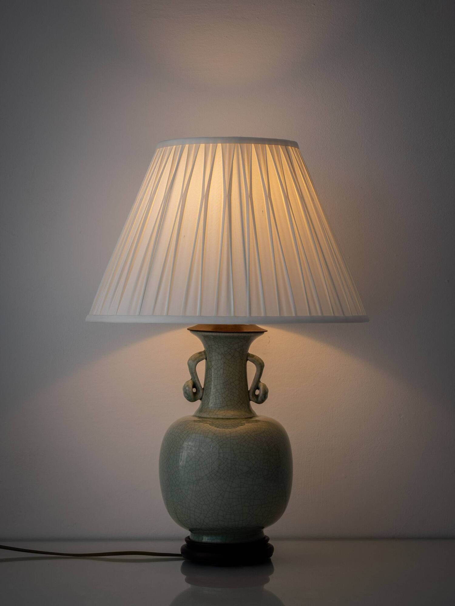 Celadon Crackle Glaze Porcelain Table Lamp in Chinese Style with Scroll Handles