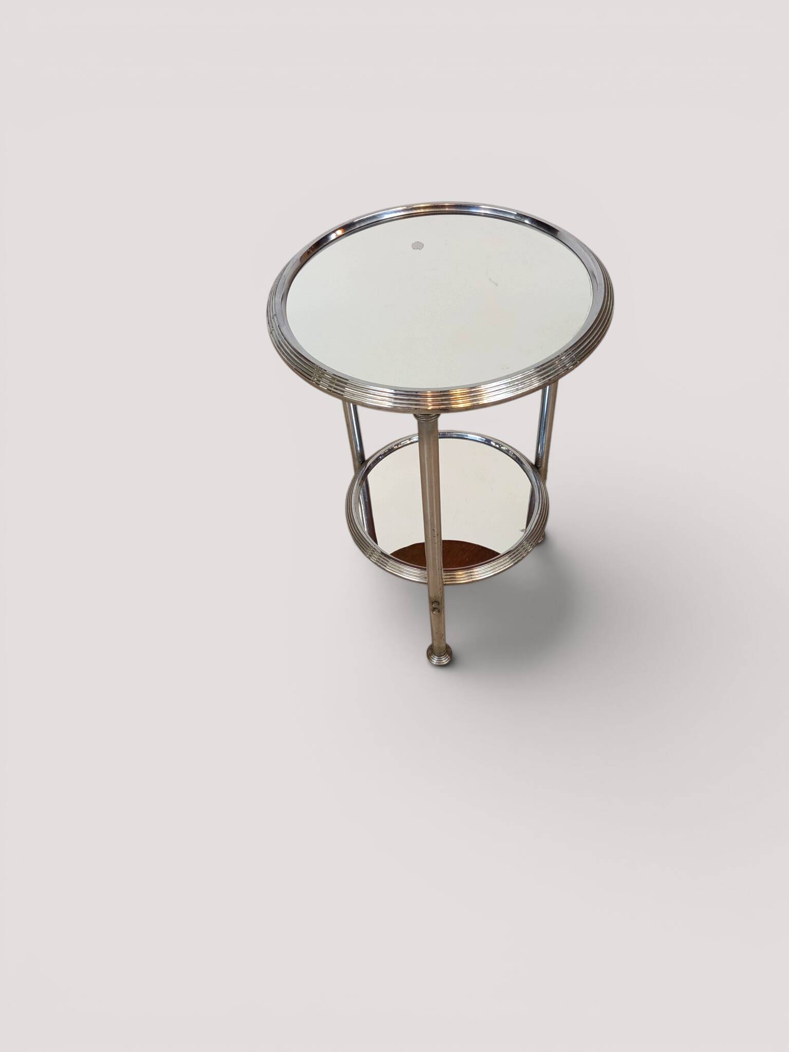 Art Deco tripod gueridon in chrome metal with double mirror top, 1930-19.