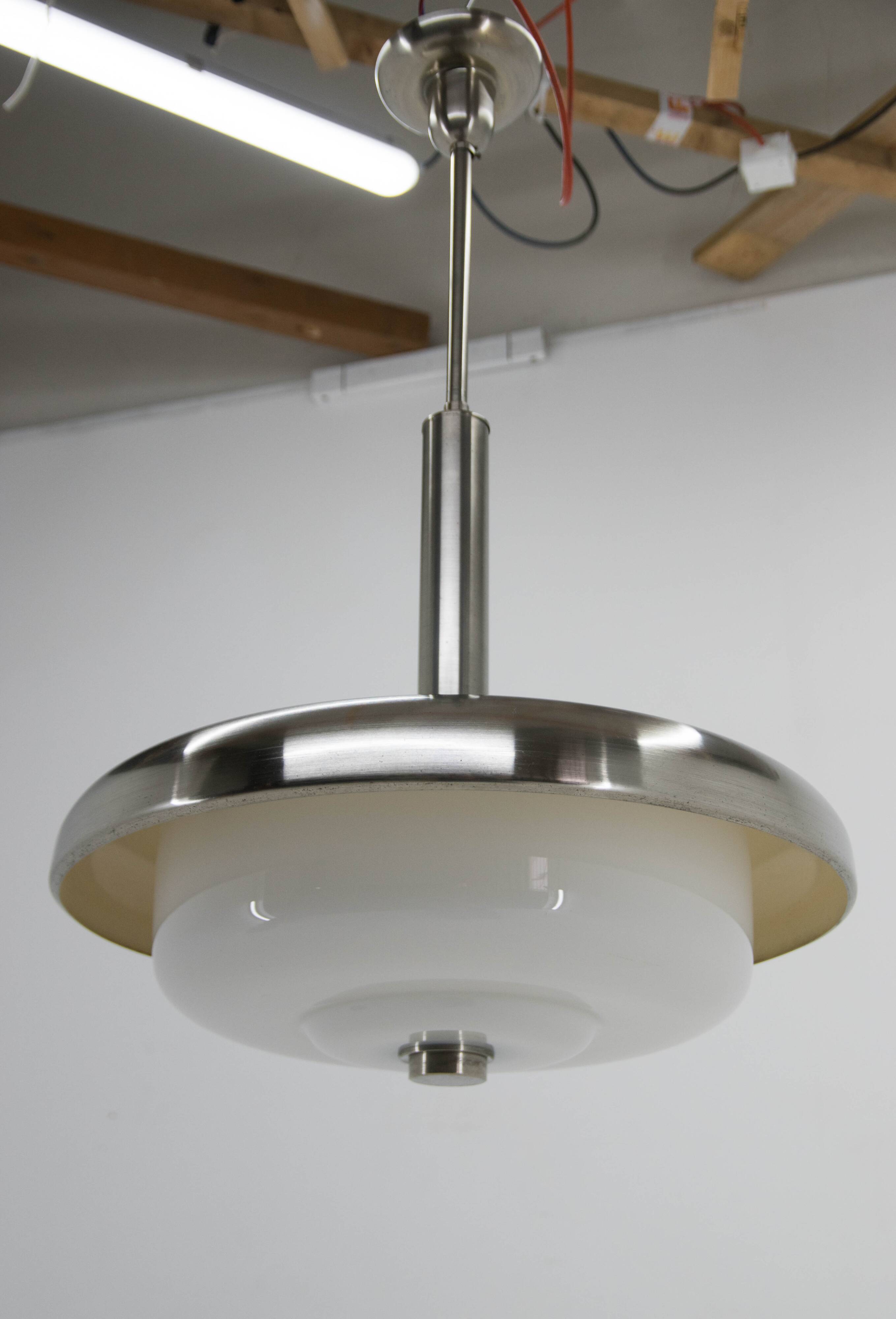Bauhaus Chandelier by Franta Anyz, Opaline Glass, Nickel-Plated, 1930s