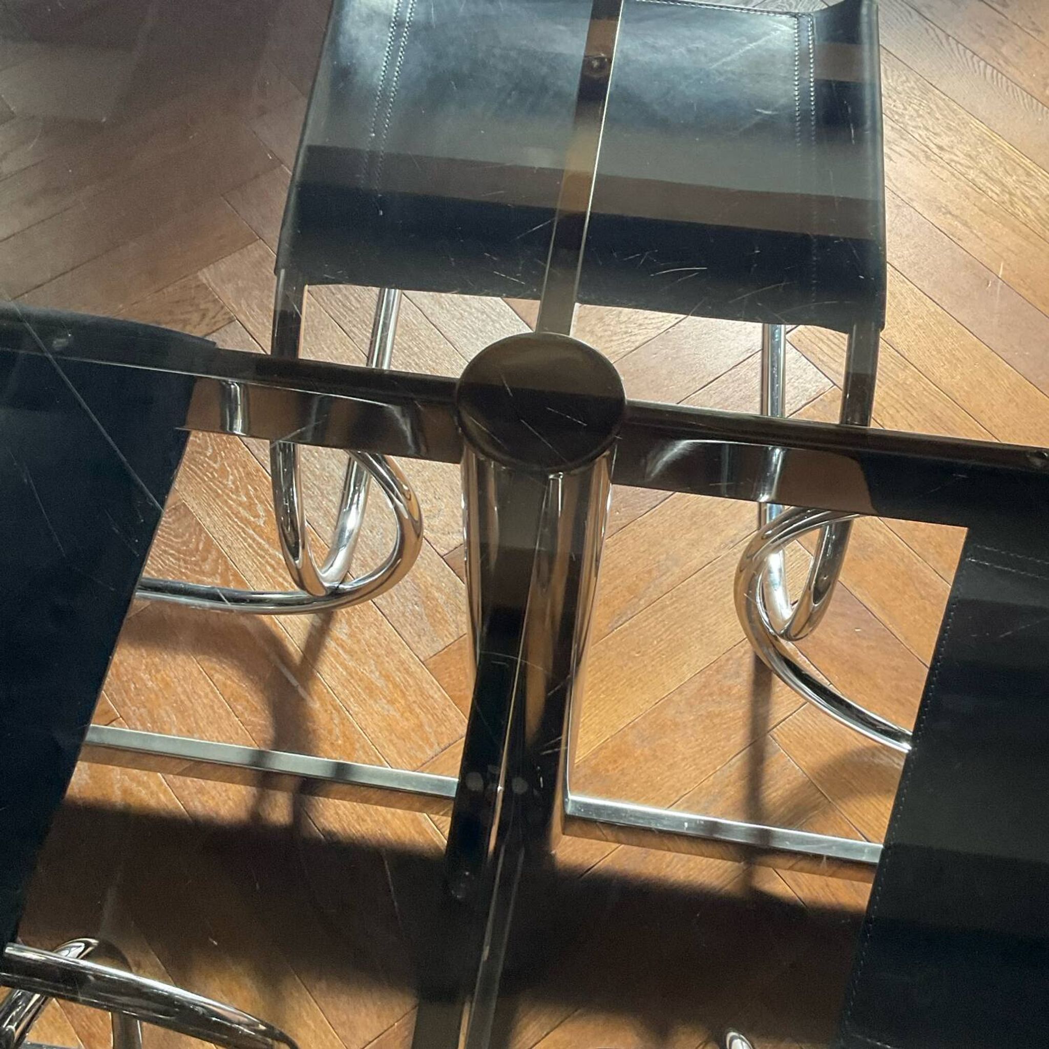 Florence Knoll table Roche Bobois 70s smoked glass chrome vintage design