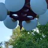 Scandinavian teak and white opaline chandelier with 6 lights from the 70s