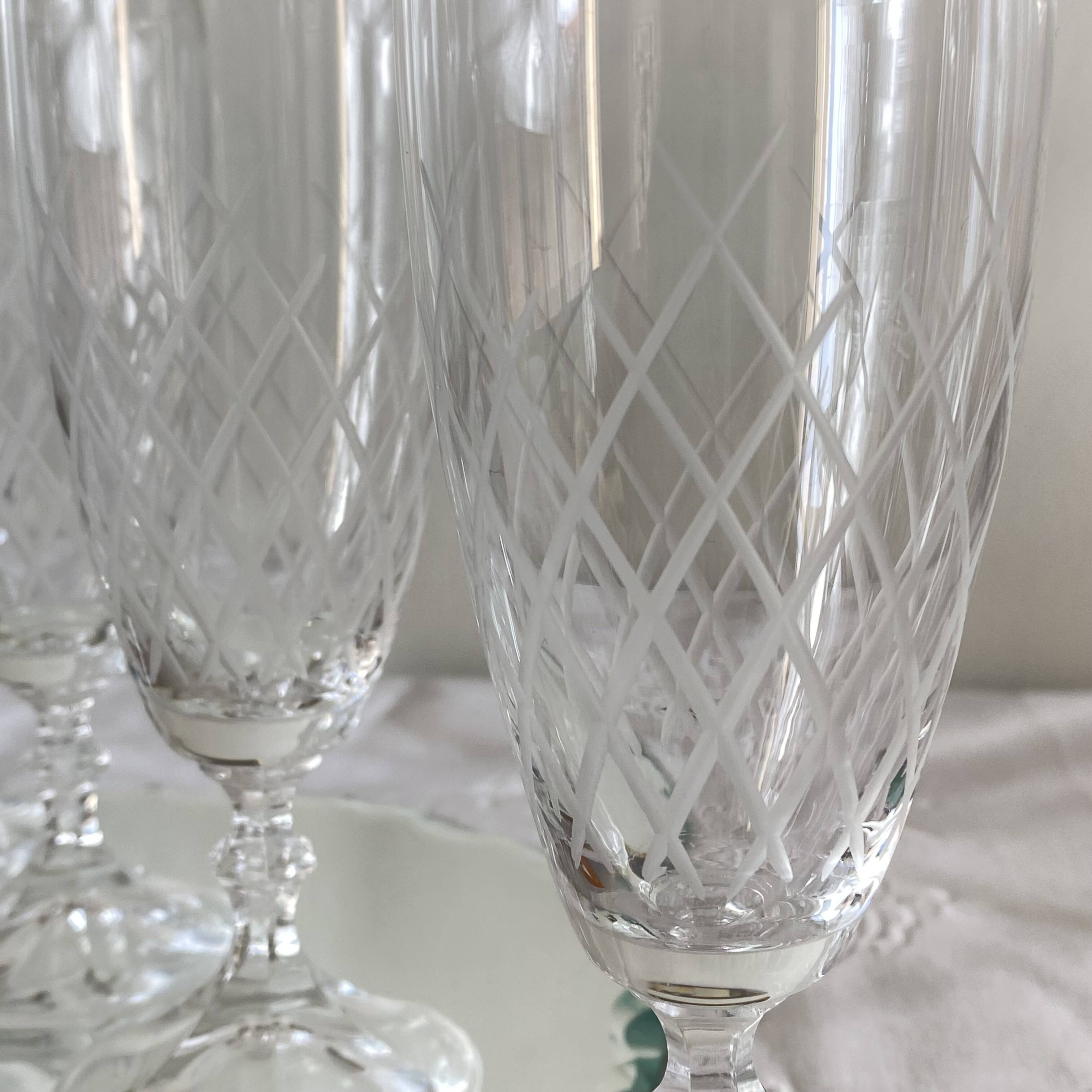 6 engraved antique champagne flutes