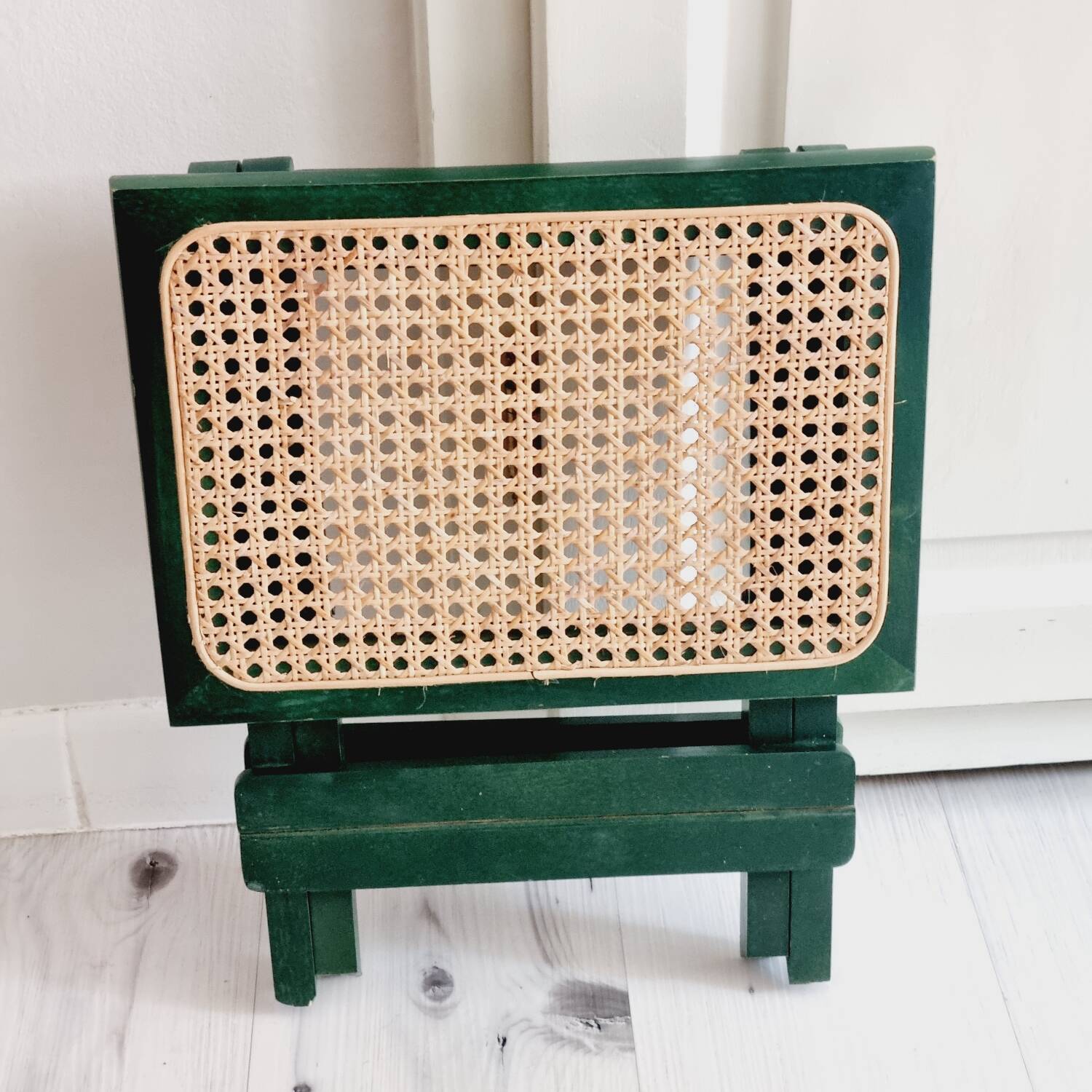 Small folding stool in green wood and cane