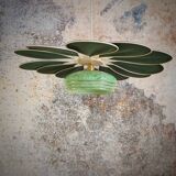 Rattan and Green Linen Flower Pendant Light and Vintage Clichy Glass Globe