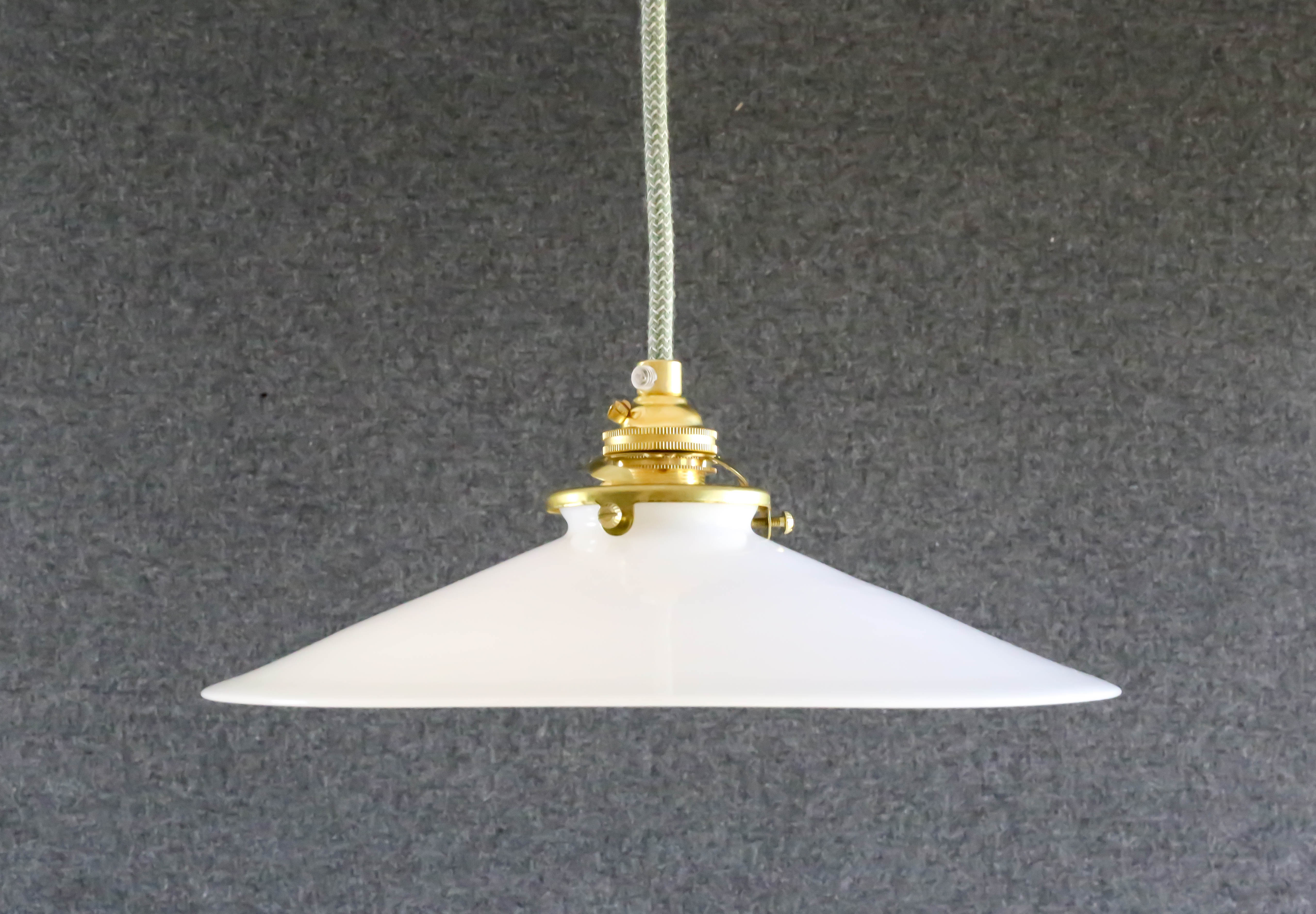 Smooth white opaline pendant lamp comes with a new cable and new brass socket