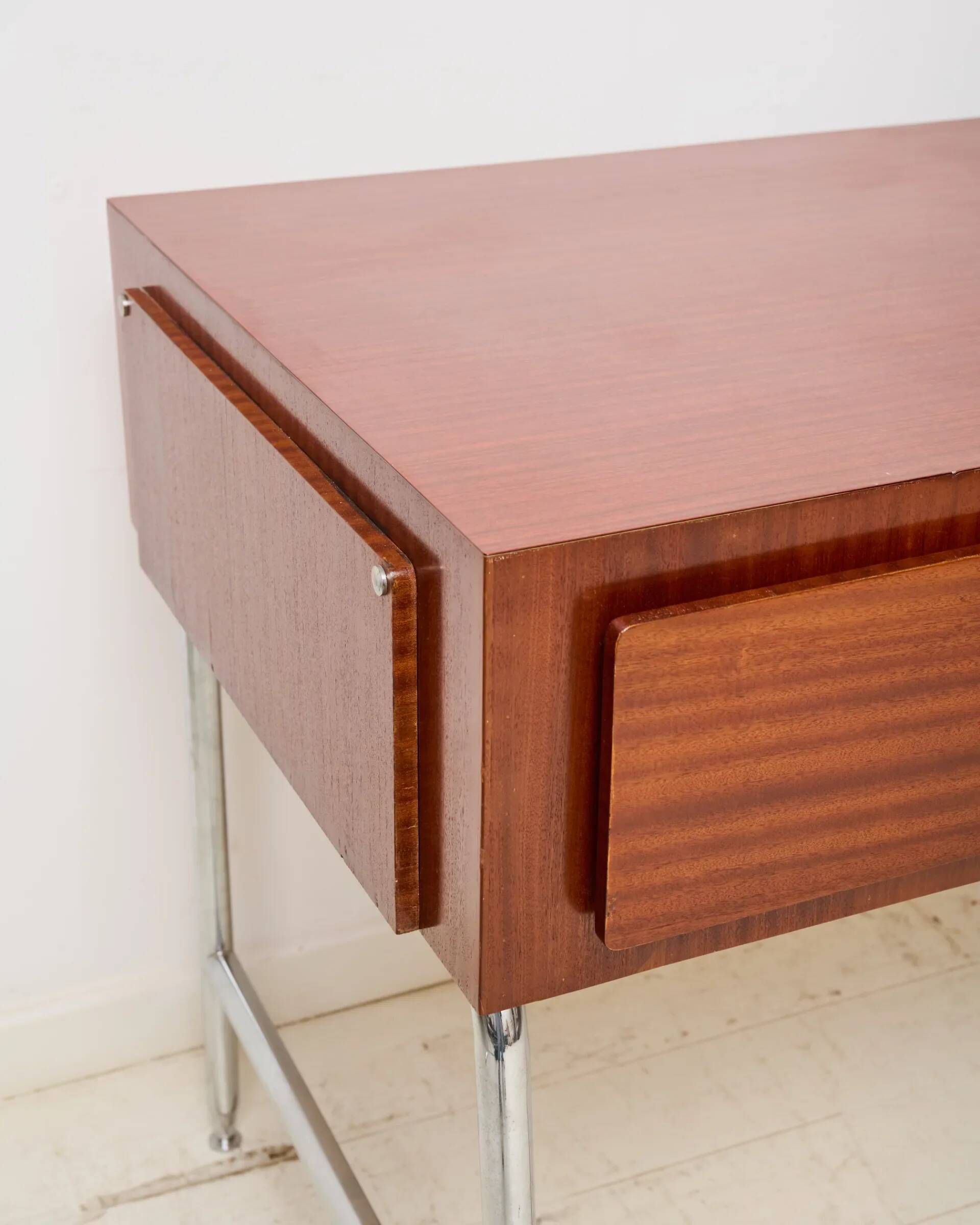 Mahogany and chrome metal desk, Italian manufacture, Italy, 1960s