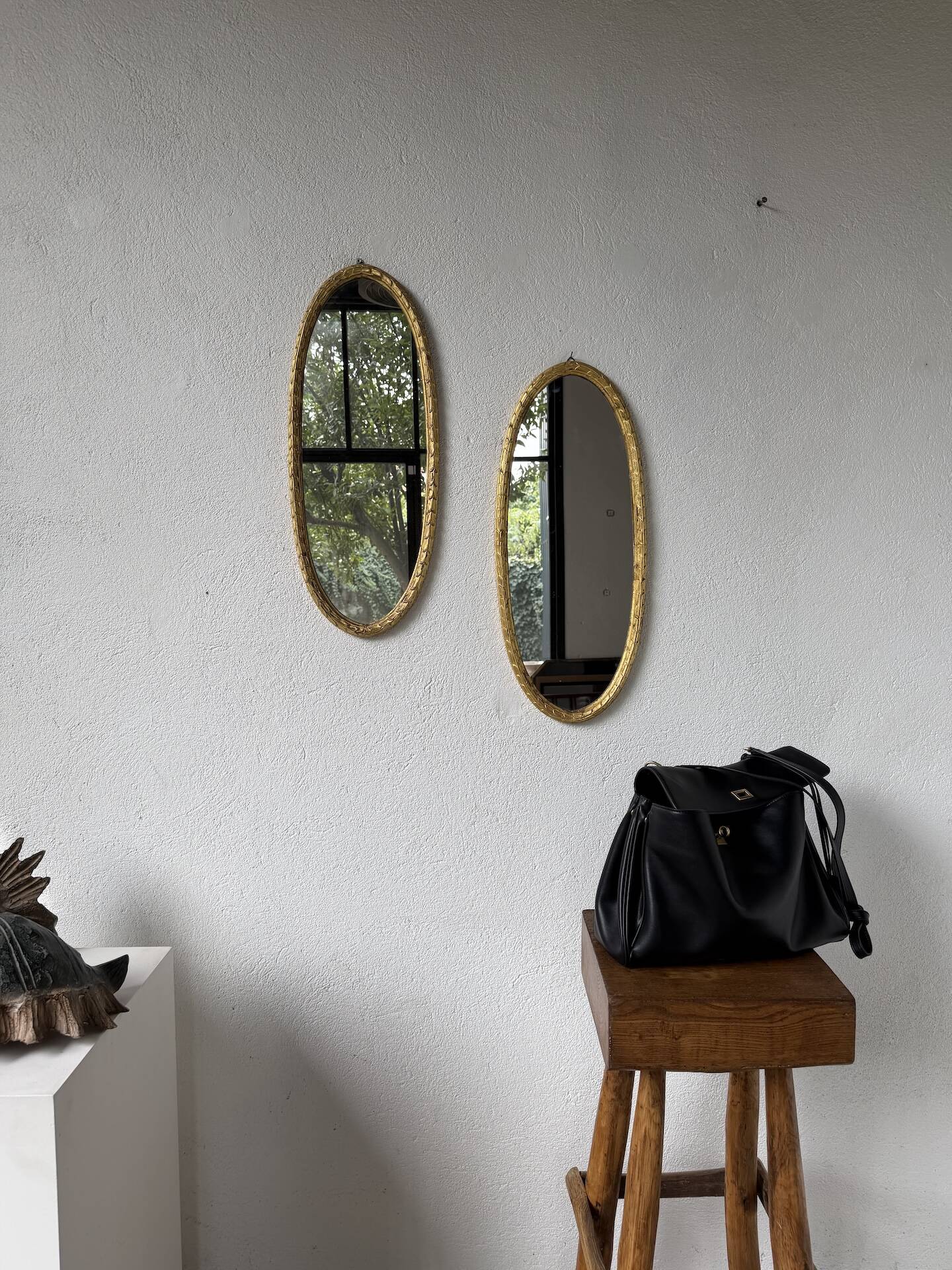 Pair of oval mirrors 1900 gilded stucco