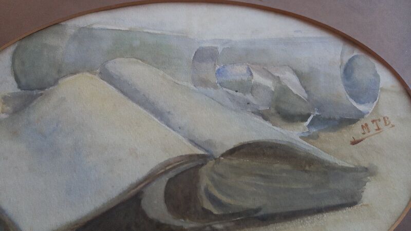 Old painting, handwritten watercolor with pale pink knot