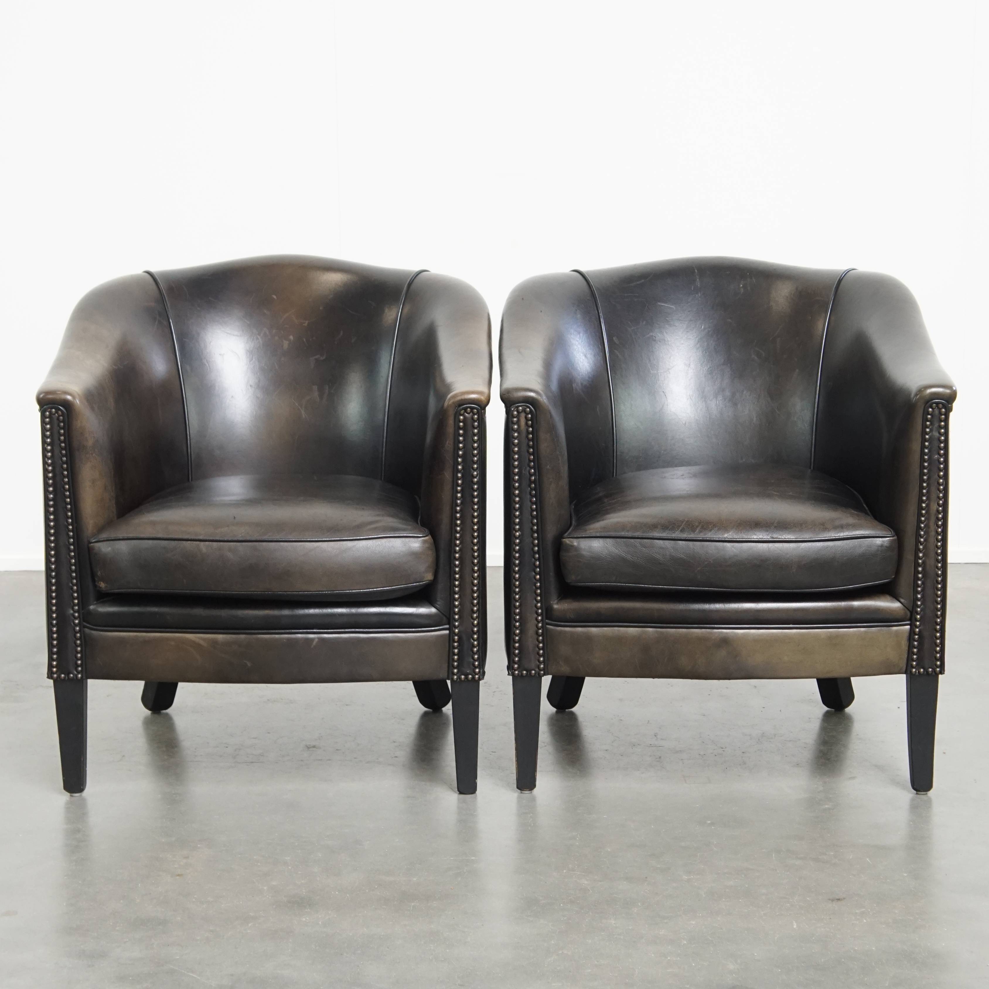 Set of 2  black/grey sheepskin leather club chairs