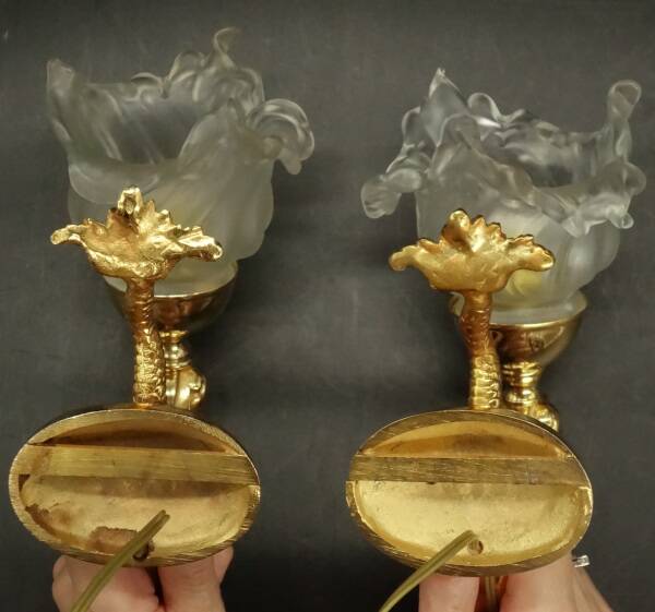 Pair of dolphin wall sconces in Louis XVI style - gilded bronze