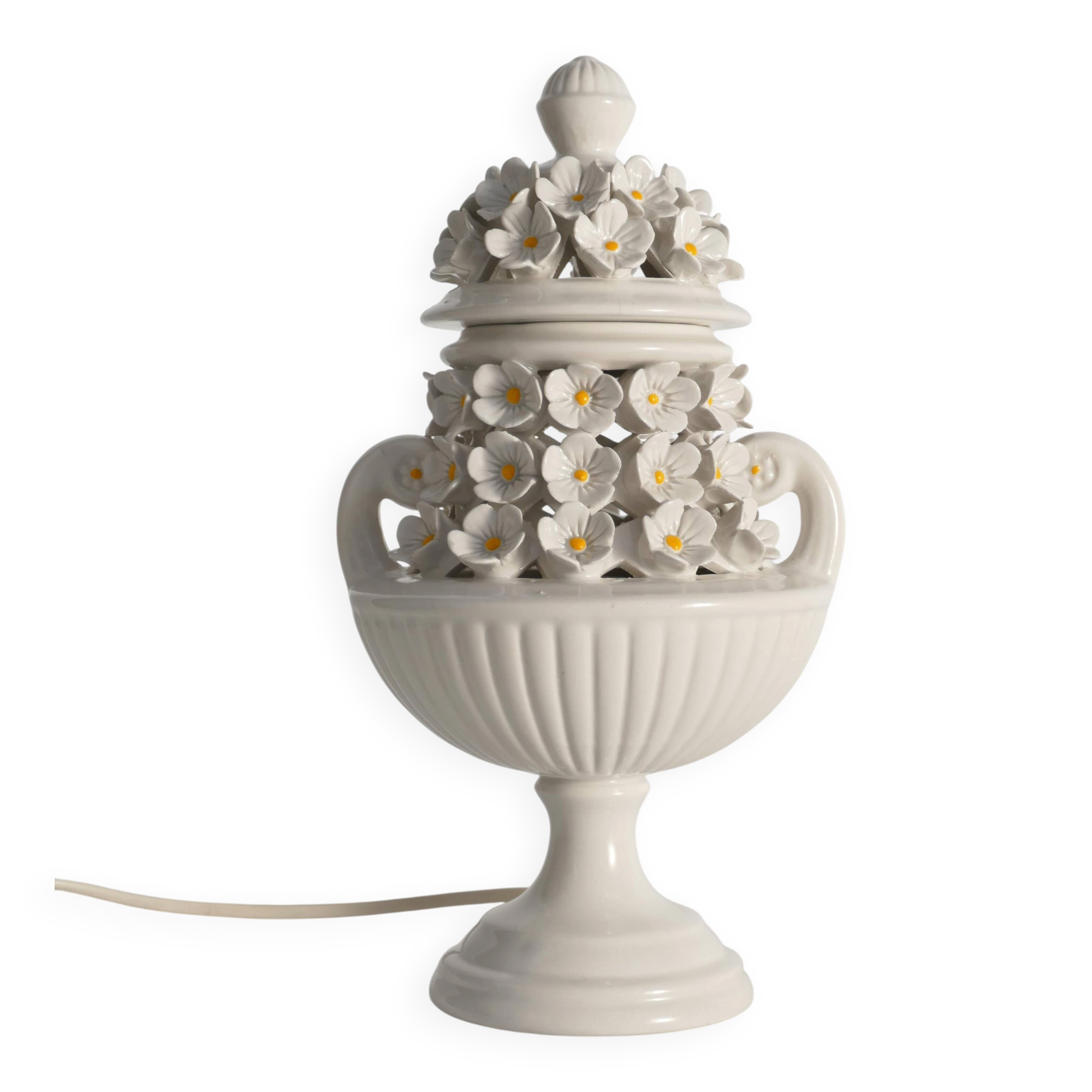 White Ceramic Table Lamp with Flower Motif, Italy 1960s
