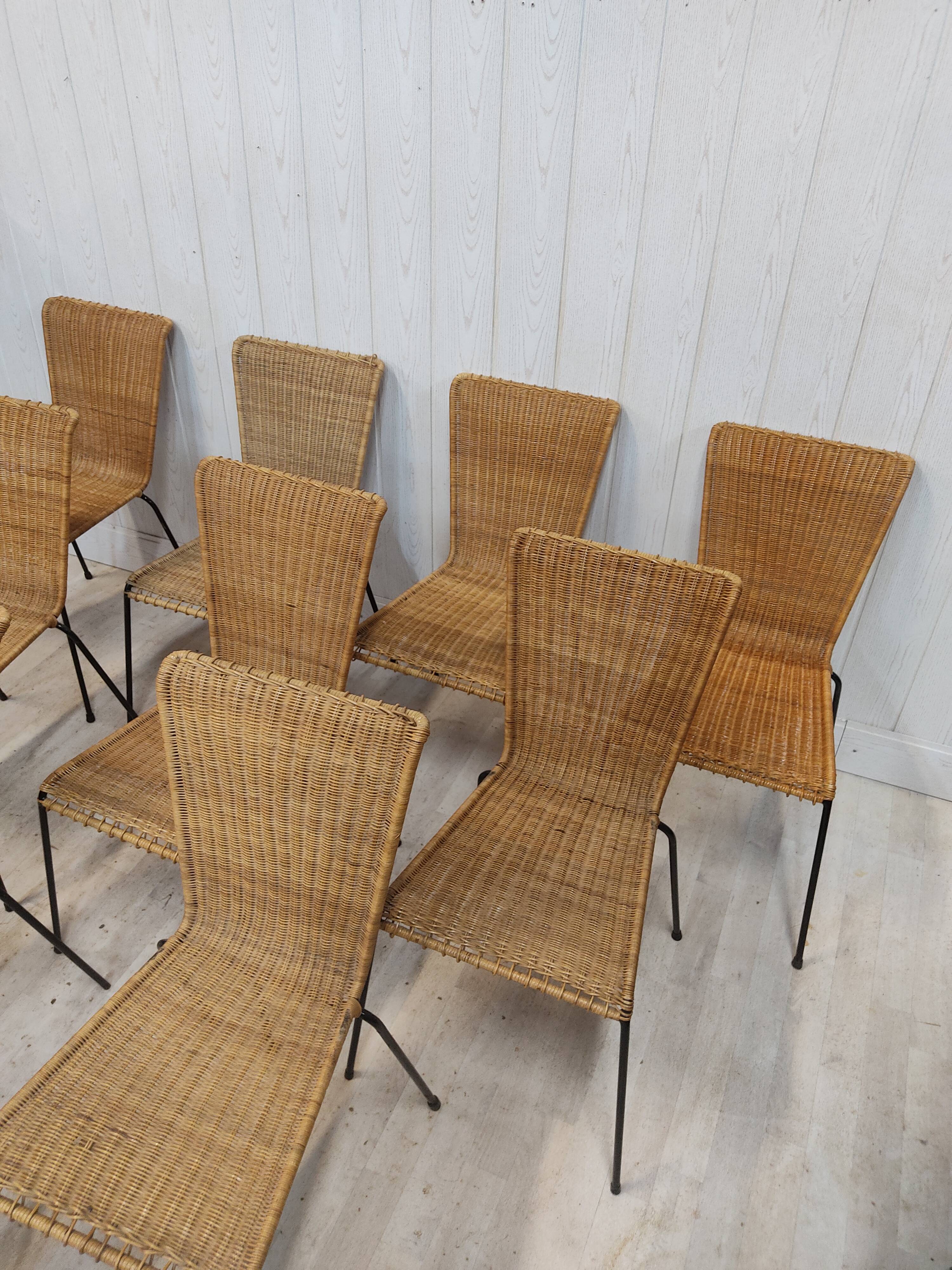 Lot de 10 chaises vintage osier et métal