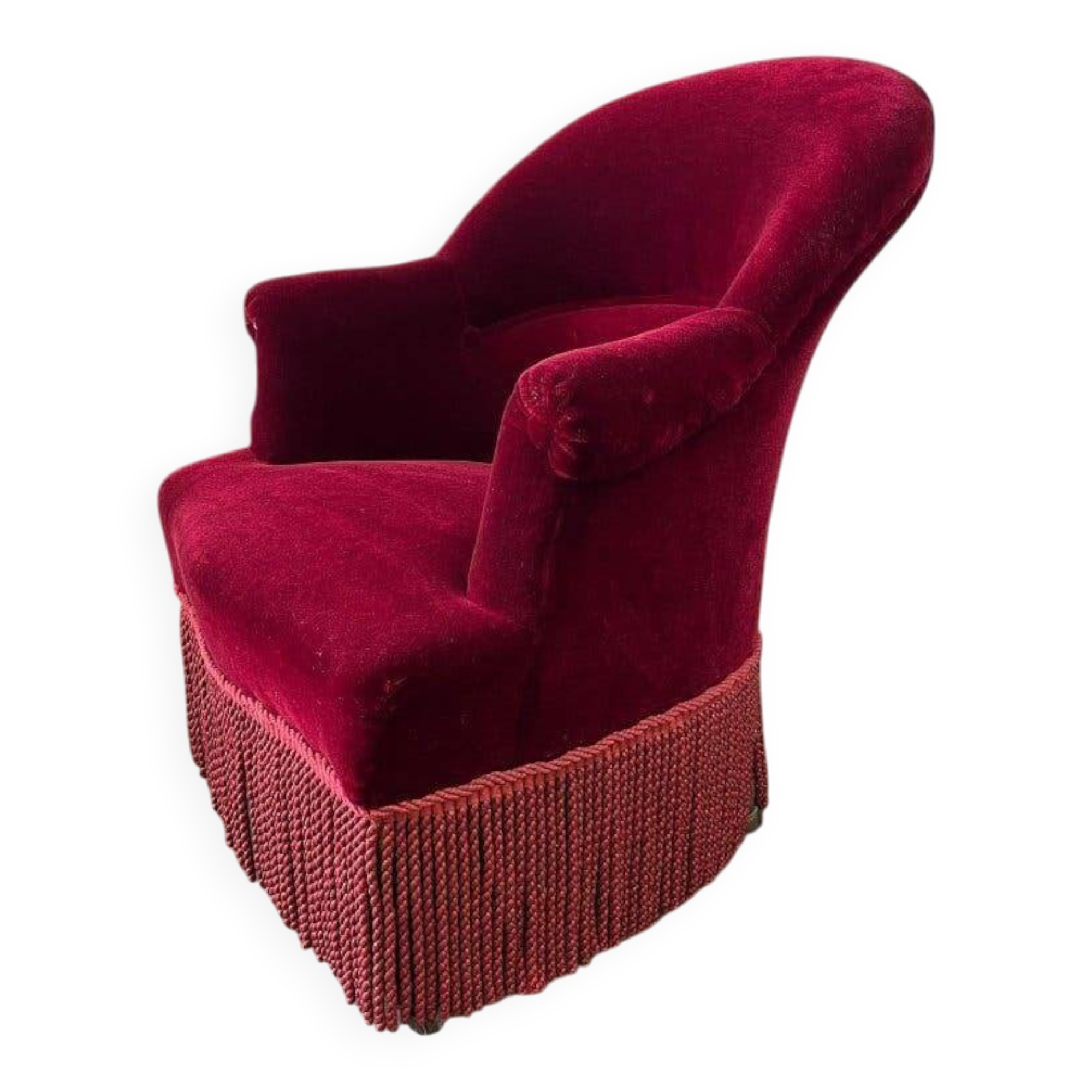 Vintage burgundy armchair / single armchair / fringed armchair