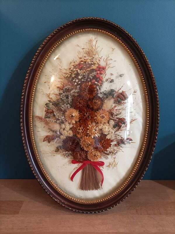 Cadre Photo Ovale Rétro Avec Fleurs Séchées - Verre Et Plastique - Déco Vintage