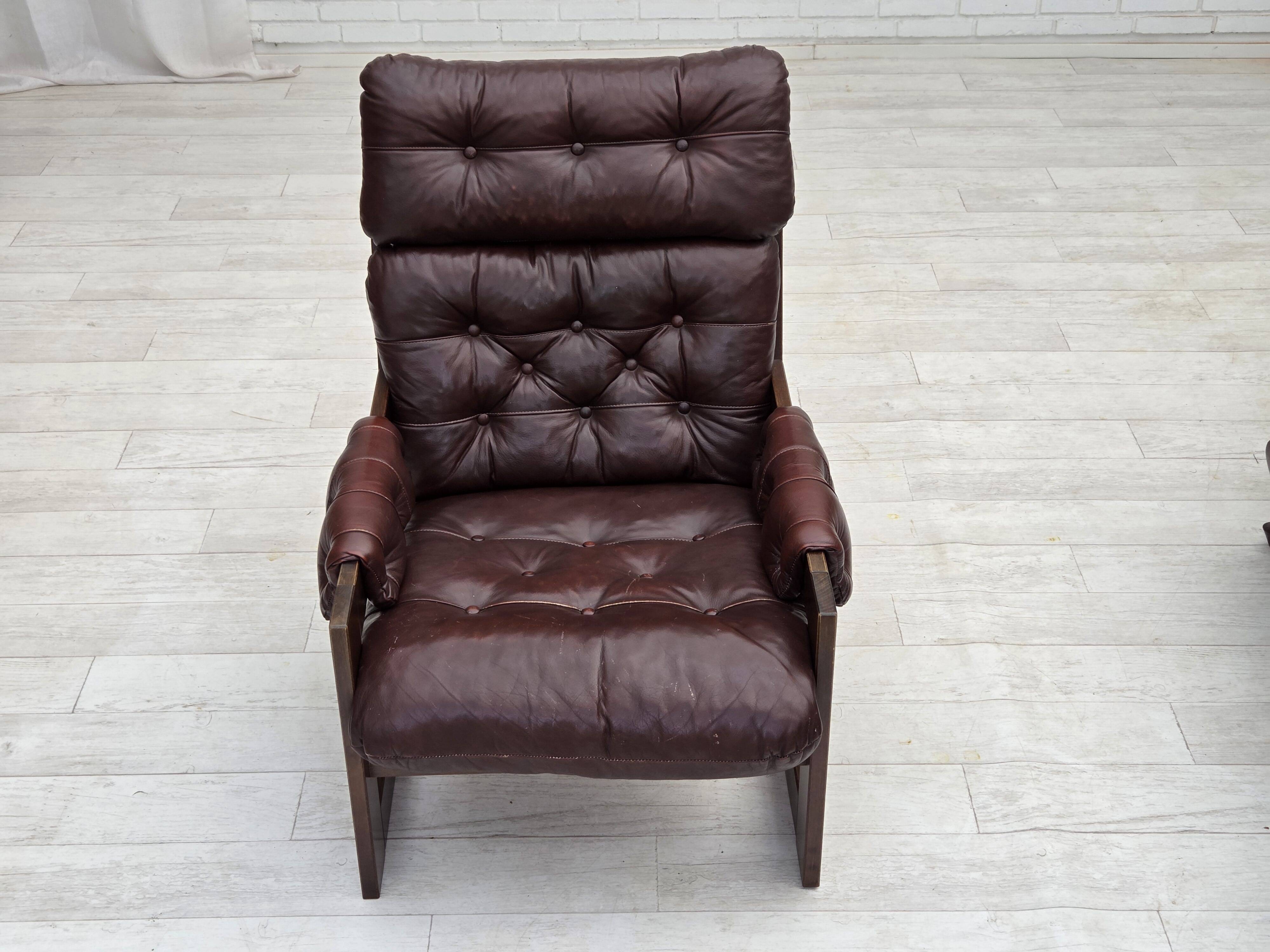 1970s, Scandinavian highback armchair, brown furniture leather, dark beech.