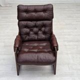 1970s, Scandinavian highback armchair, brown furniture leather, dark beech.
