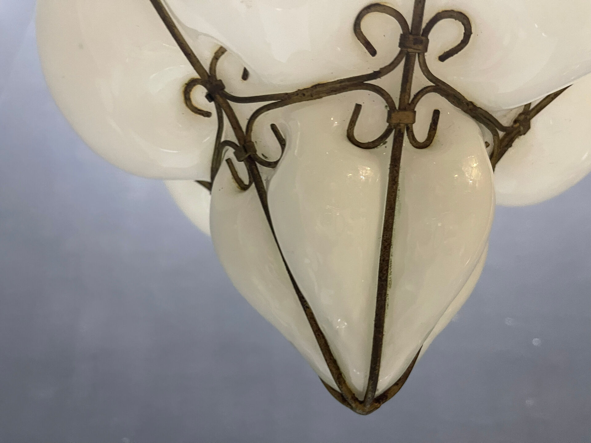 Murano Opaline Glass Pendant Light in Wrought Iron Frame, Italy, Mid-C