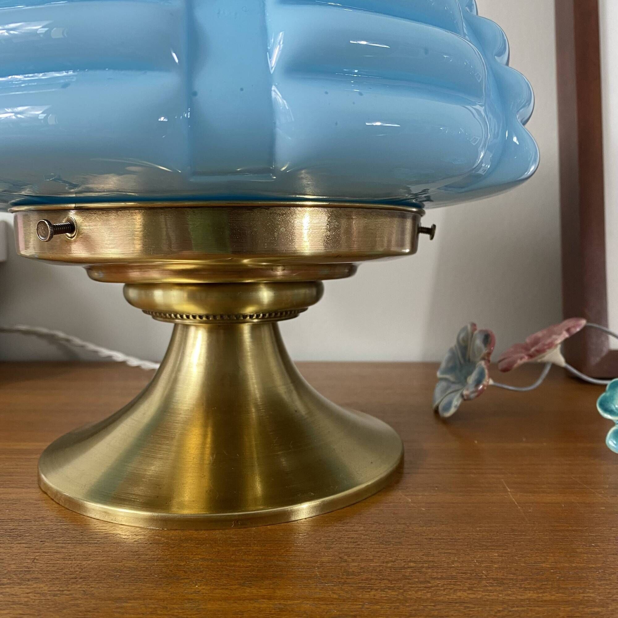 Vintage Art Deco modernist lamp with blue opaline glass and brass.