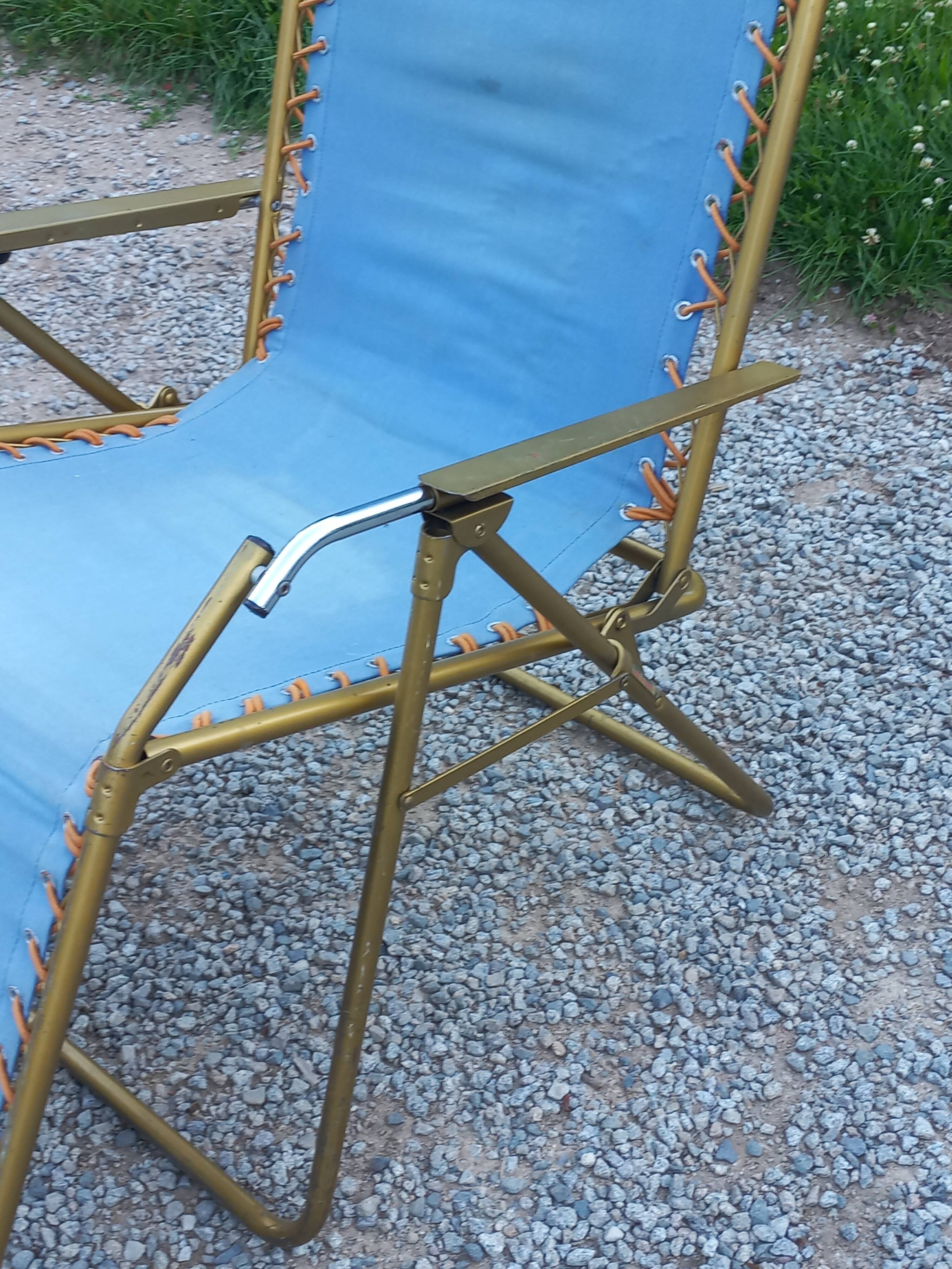 Set of 3 vintage lafuma sun loungers canvas and tubes + table