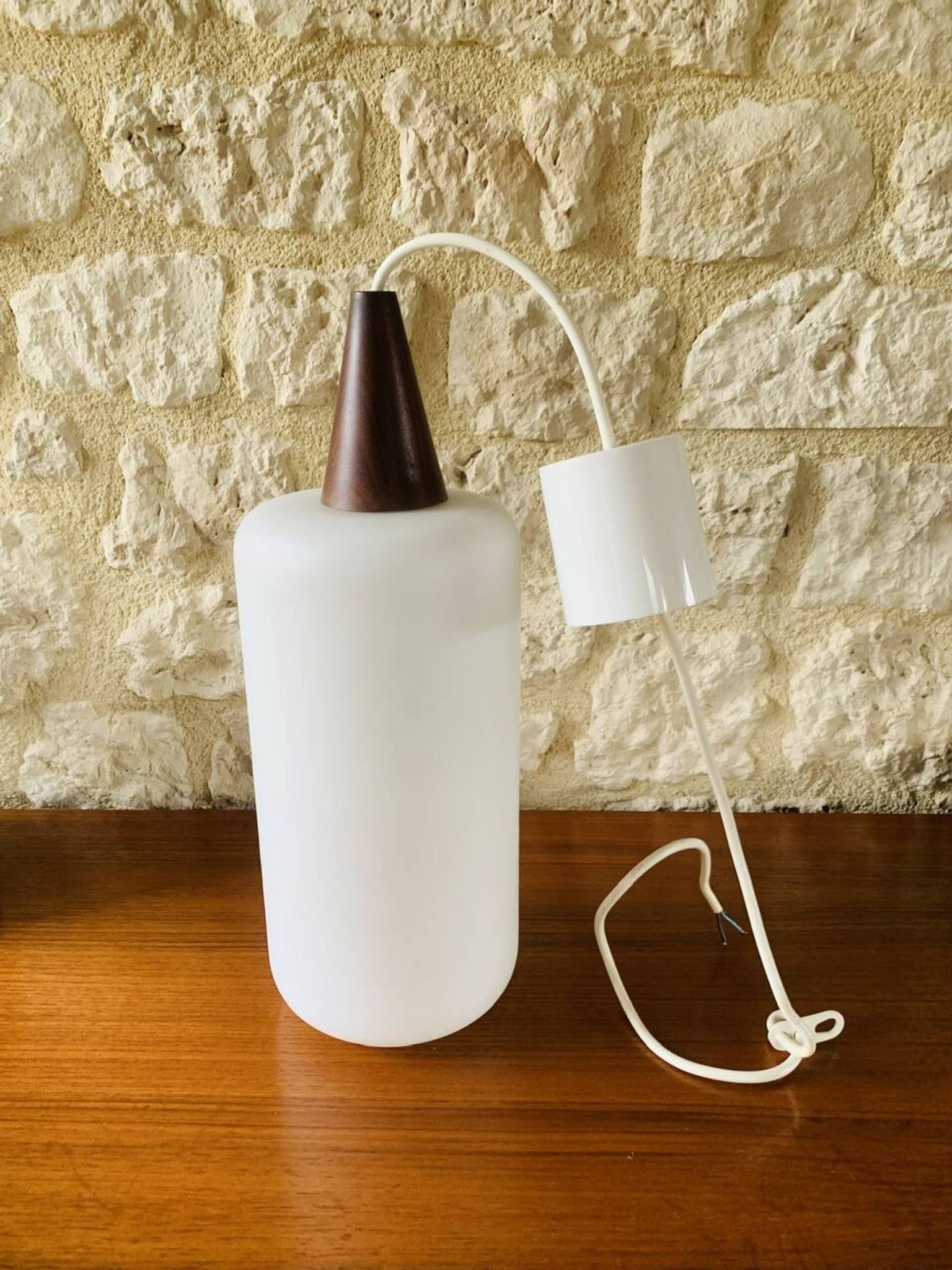 Scandinavian Pendant Lamp in Teak and Opaline, Circa 60´s