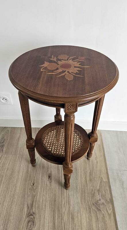 Antique marquetry side table in wood and cane.
