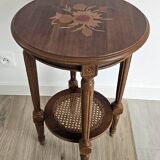 Antique marquetry side table in wood and cane.