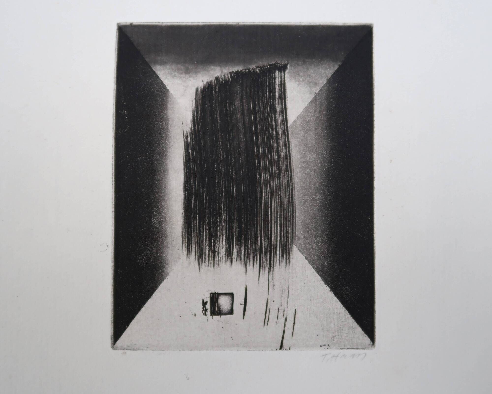 Minimalist abstract engraving in black and white by Terry Haass, 1960s.