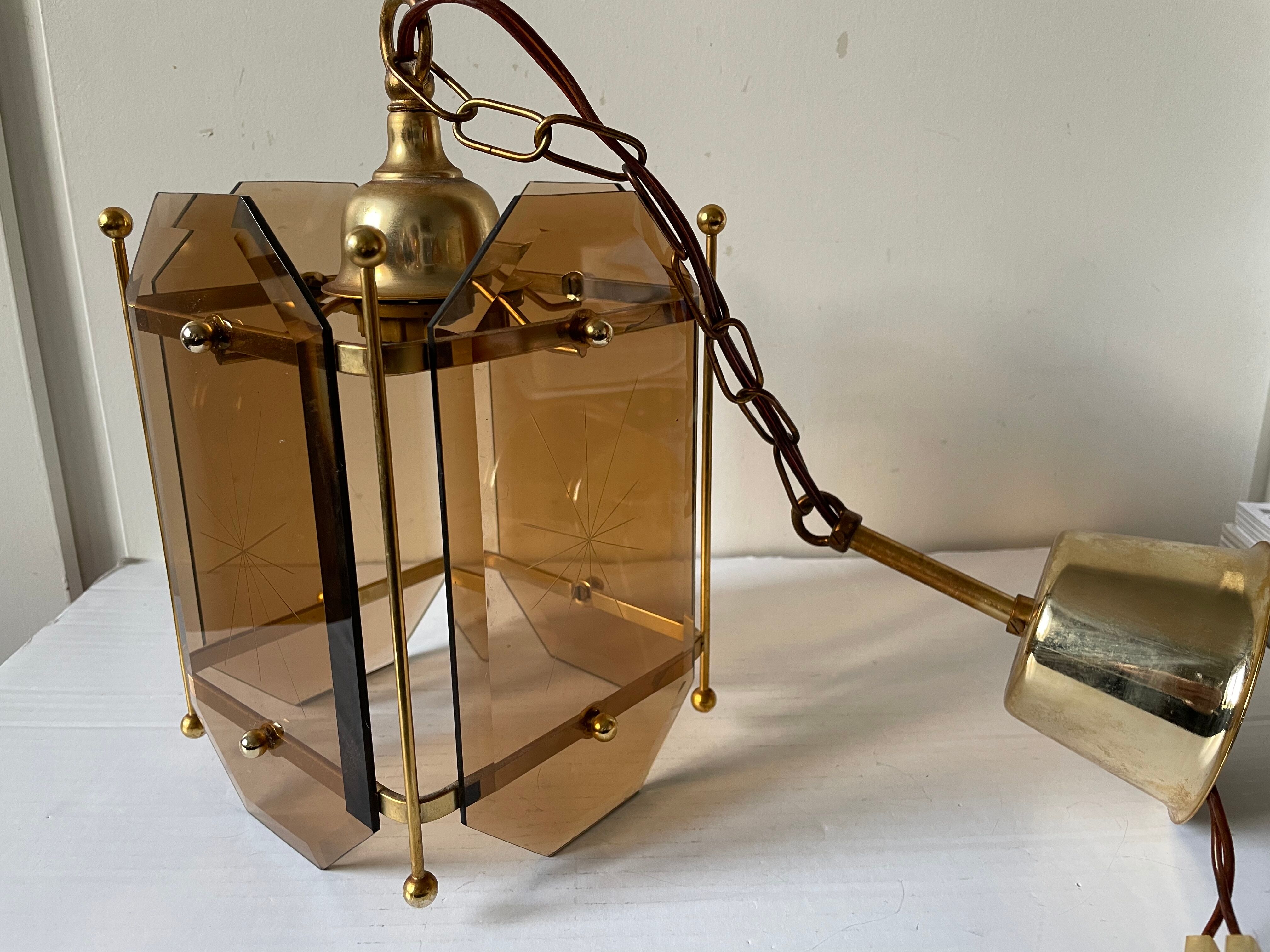 Scandinavian vintage lamp in brass & amber colored glass
