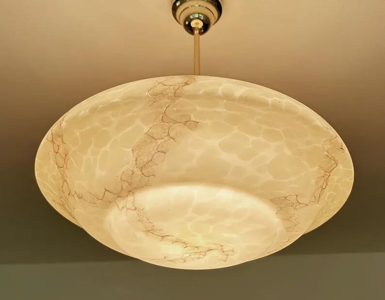 Art Deco Pendant Light, Marble Glass Amber Ivory, Alabaster Style, Vintage Chandelier