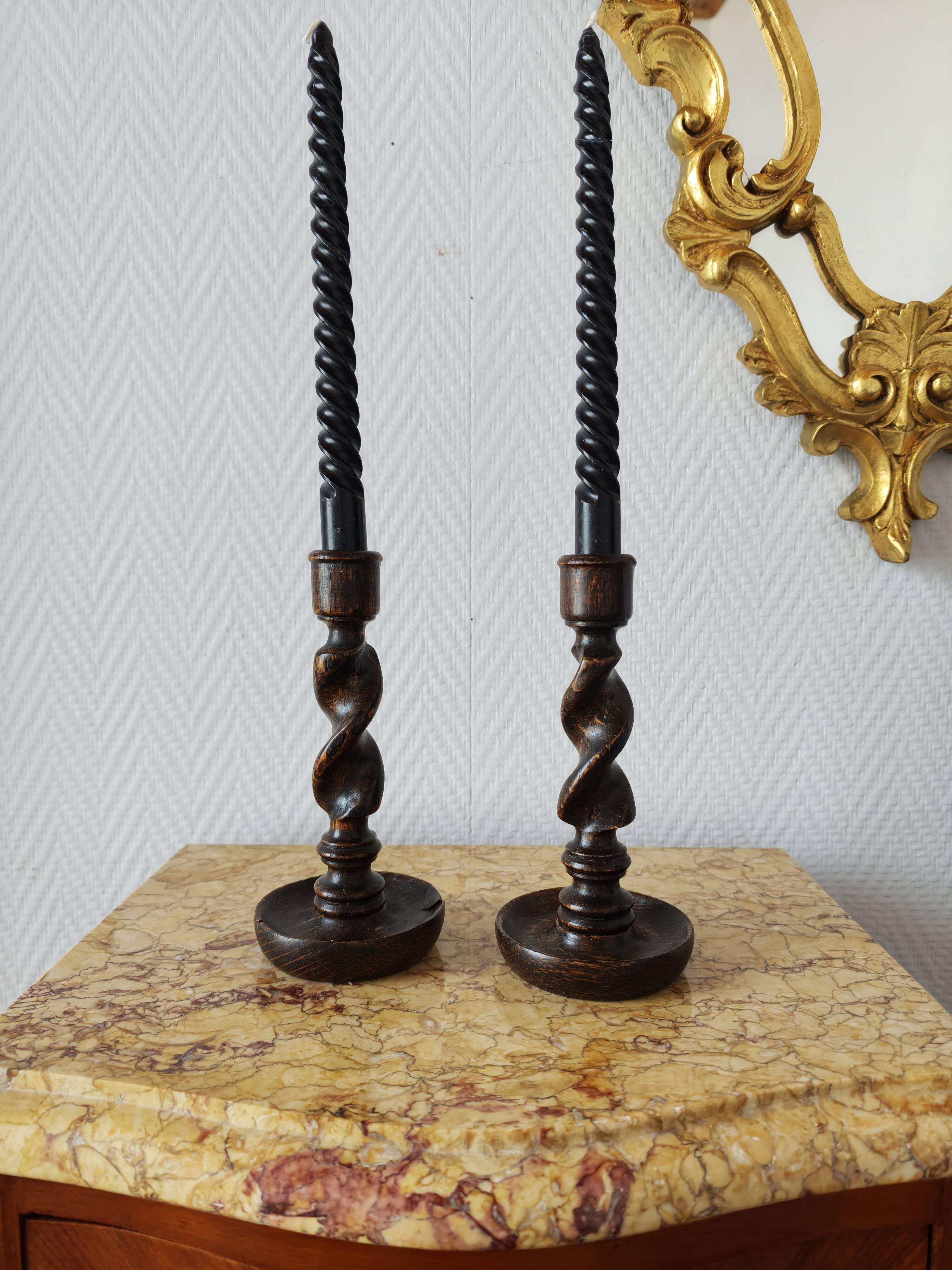 Pair of twisted wood candlesticks (Barley twist)