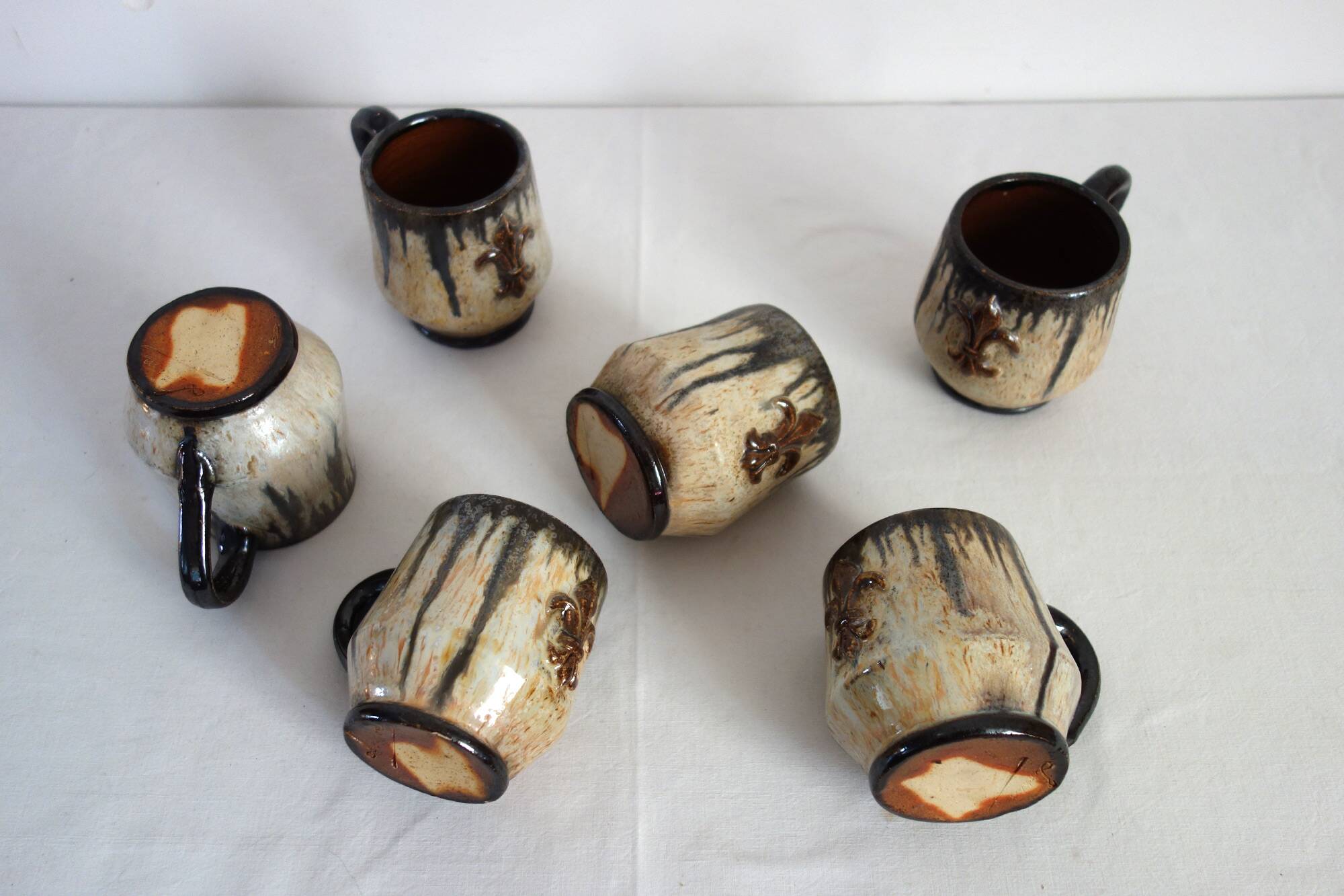 Set of 6 stoneware mugs signed Losson, Belgium, vintage