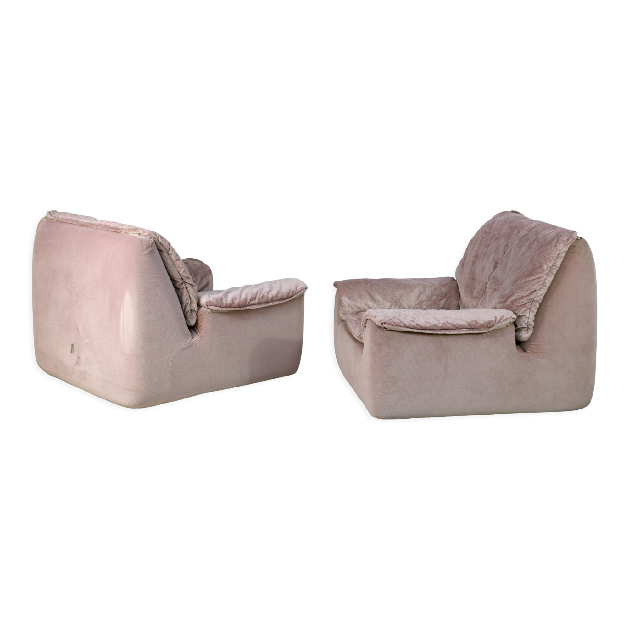 Cinna, pair of armchairs foam and velvet ras pink pale, France, circa 1970