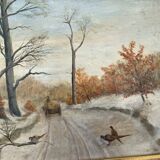 painting Winter landscape with cart and pheasants signed FH