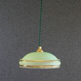 Suspension ancienne années 40 en verre granité vert avec filets dorés, douille et cable neufs