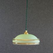 Suspension ancienne années 40 en verre granité vert avec filets dorés, douille et cable neufs
