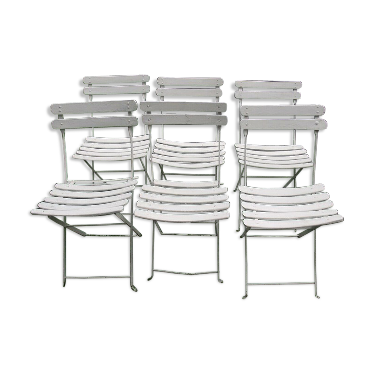 Series of 6 folding garden chairs in iron and old wooden slats