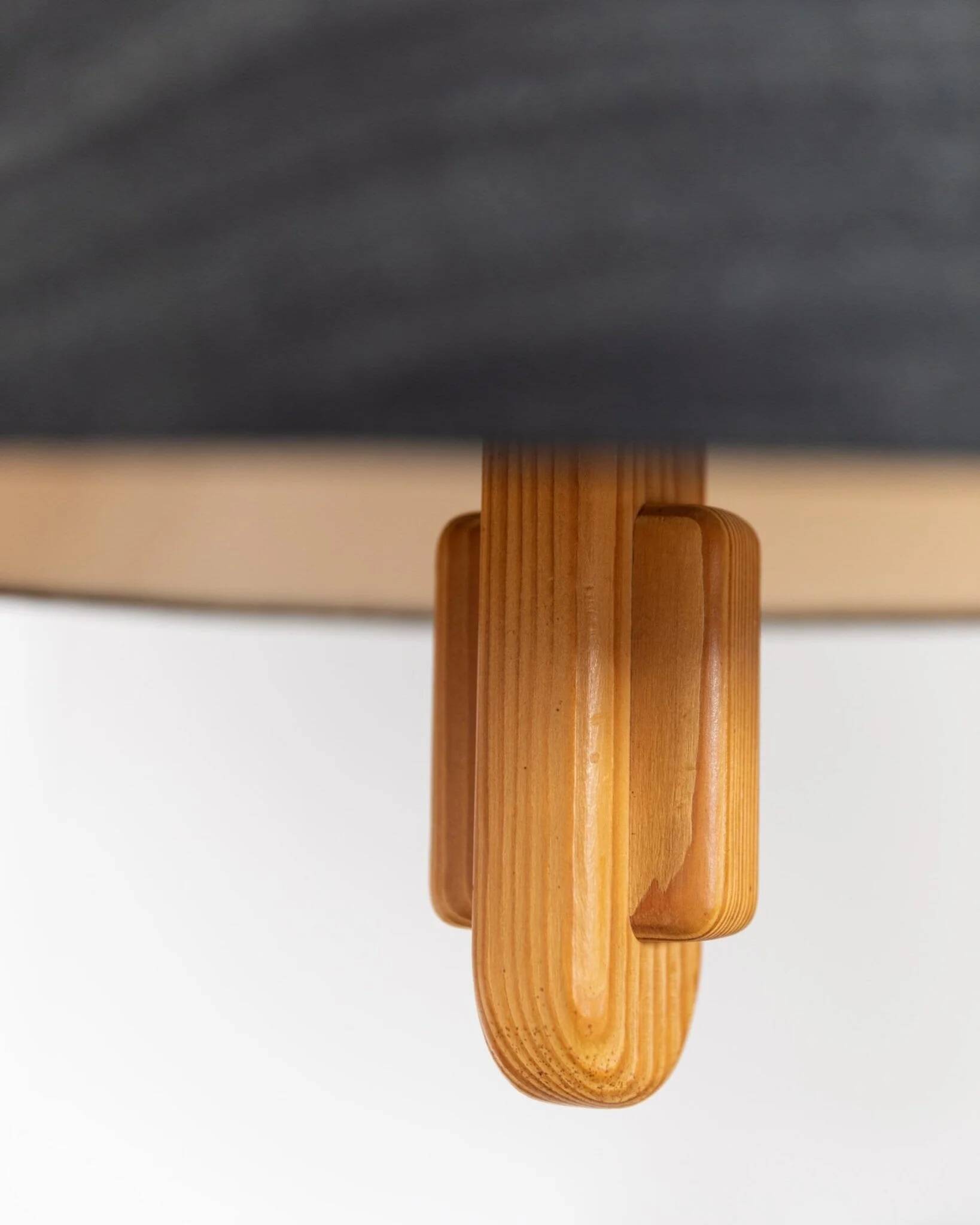 Temde Mid-Century Ceiling Light with dark charcoal silk shade and wooden center column