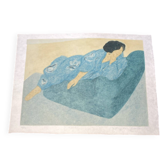 Color lithograph entitled "The Japanese bathrobe", signed Pierre Boncompain