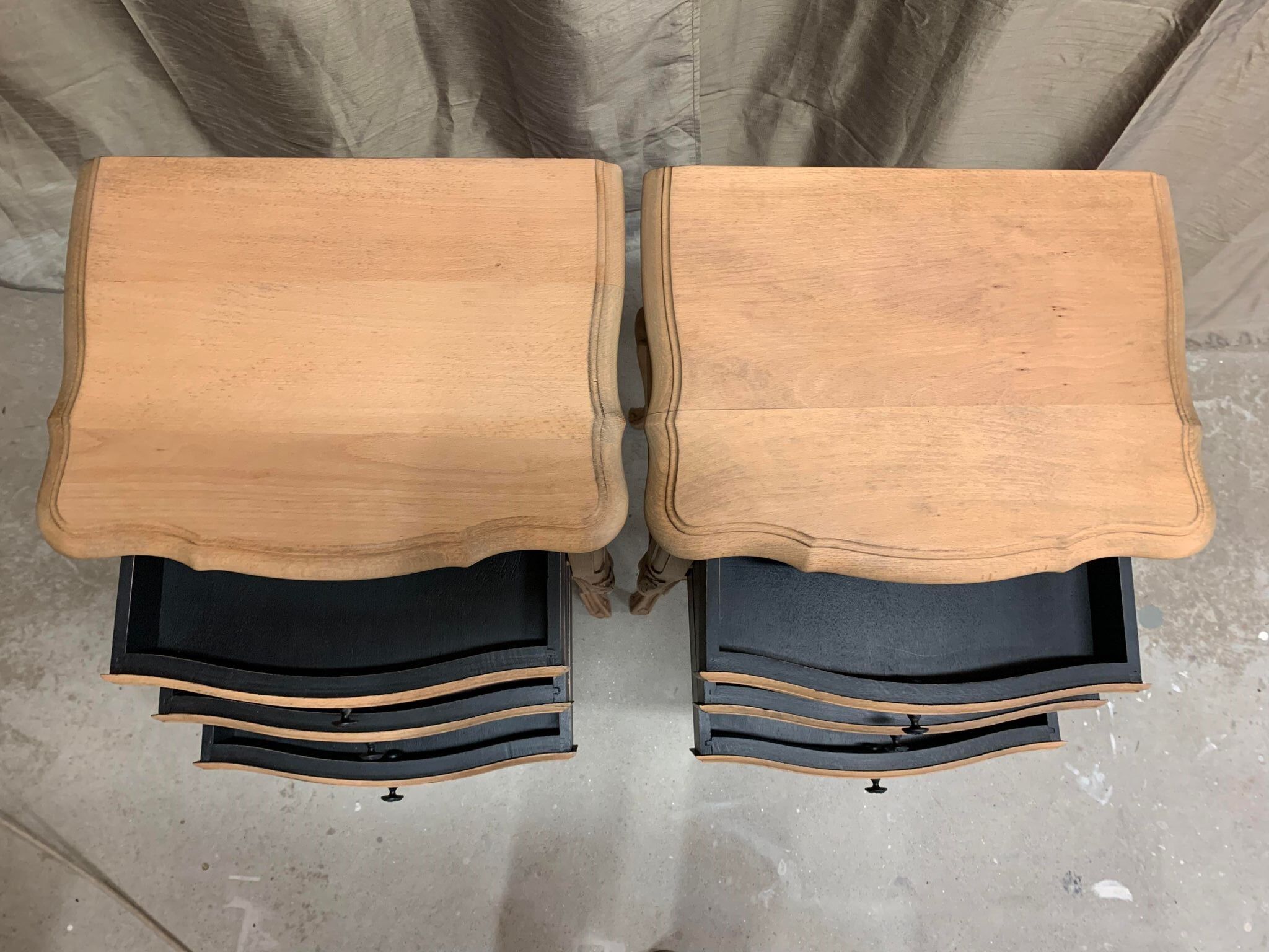 Pair of Louis XV style bedside tables with raw wood appearance