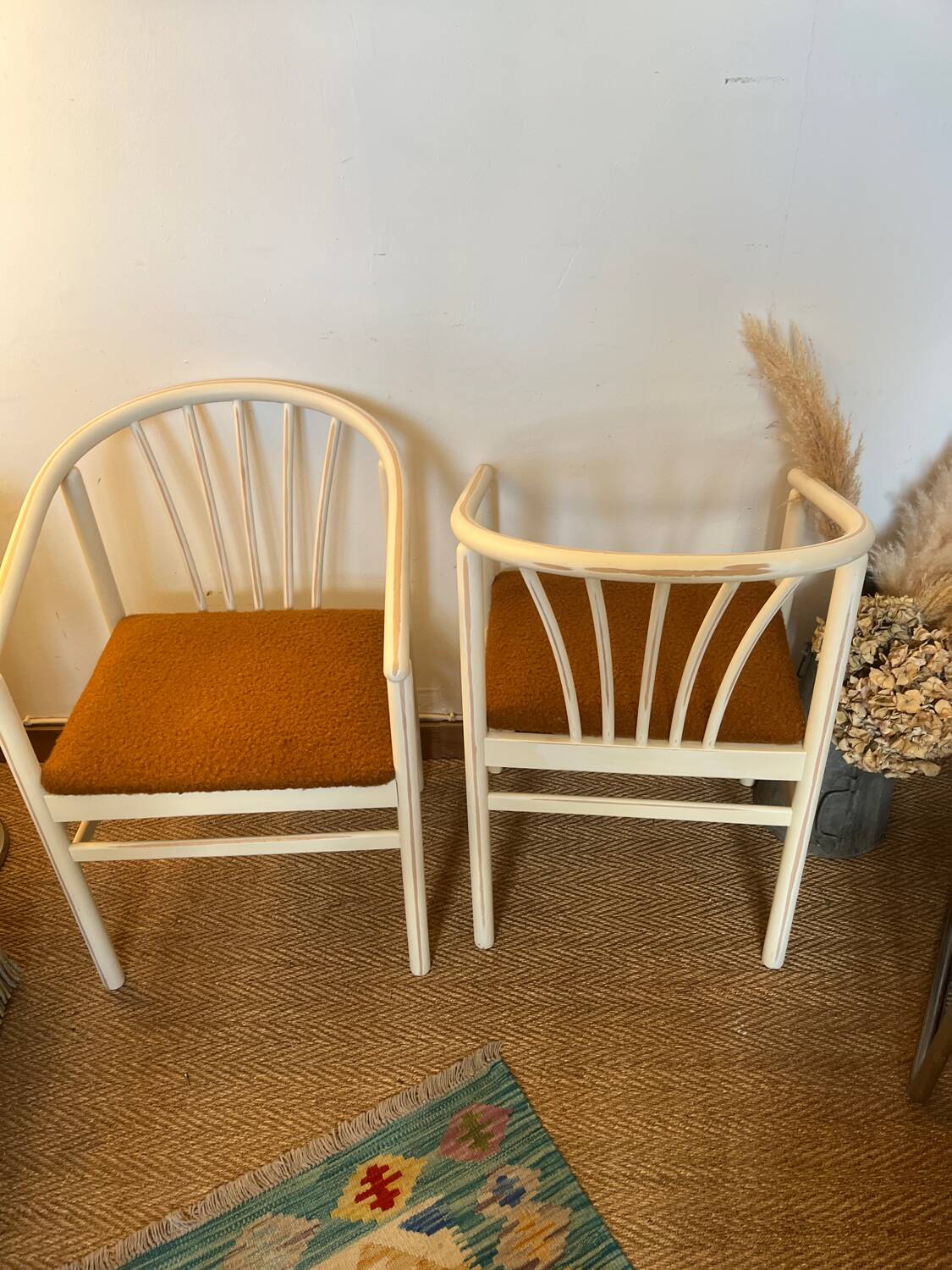 Pair of vintage wood and loop wool armchairs