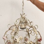 Hand-forged vintage pendant lamp with porcelain roses, Denz Neheim Hüsten