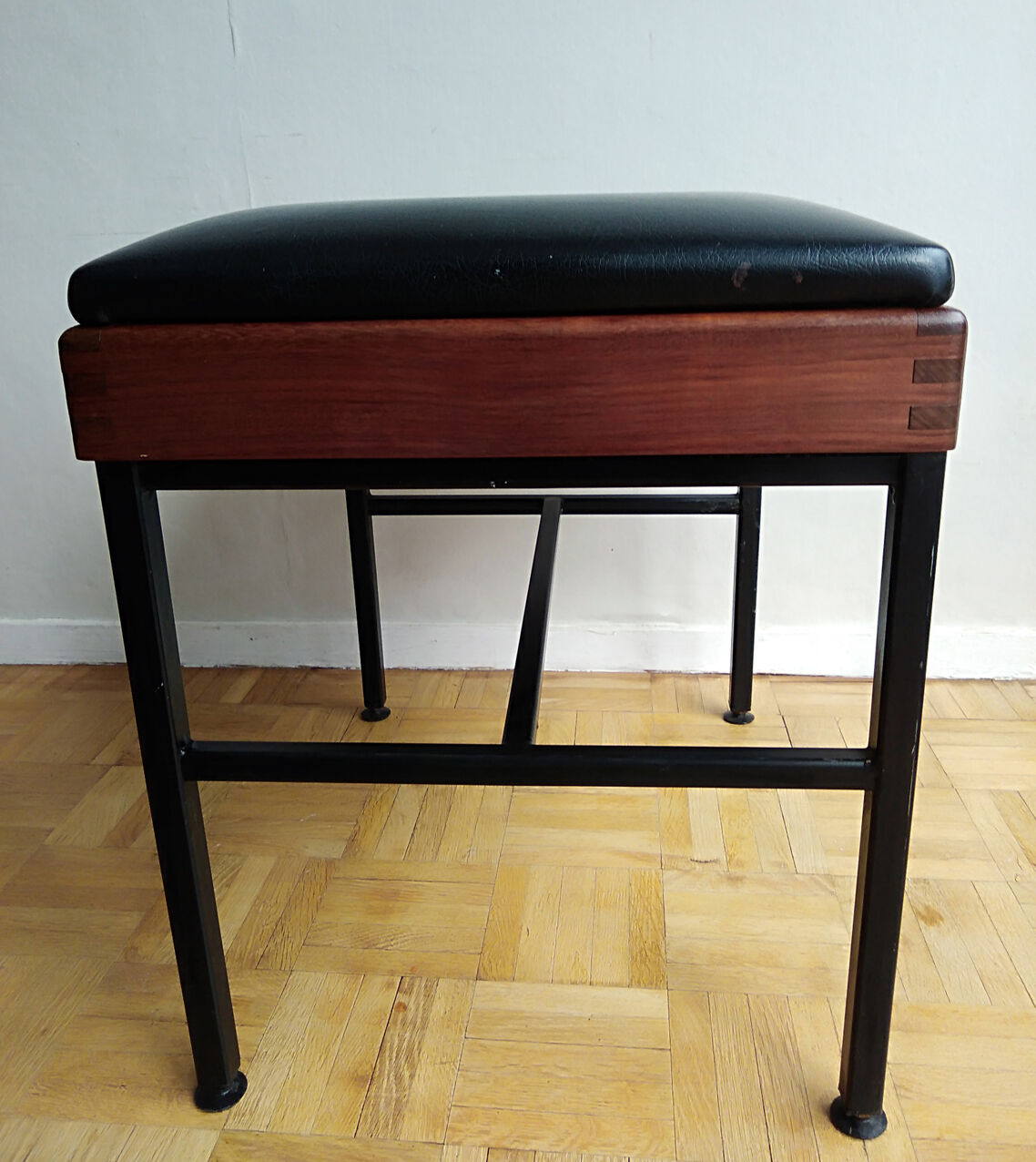 Modernist stool teak metal and black leatherette