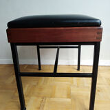 Modernist stool teak metal and black leatherette
