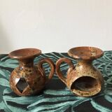 Duo of brown stoneware tealight holders with handle