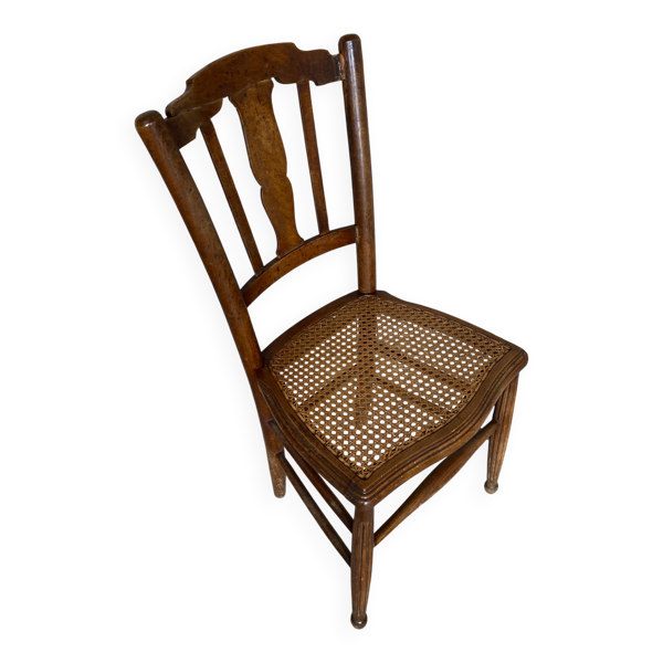 Chaise Ancienne Bistrot Bois Sculpté & Assise Cannée Vintage #E096