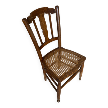 Antique Bistro Chair with Carved Wood and Woven Seat Vintage #E096
