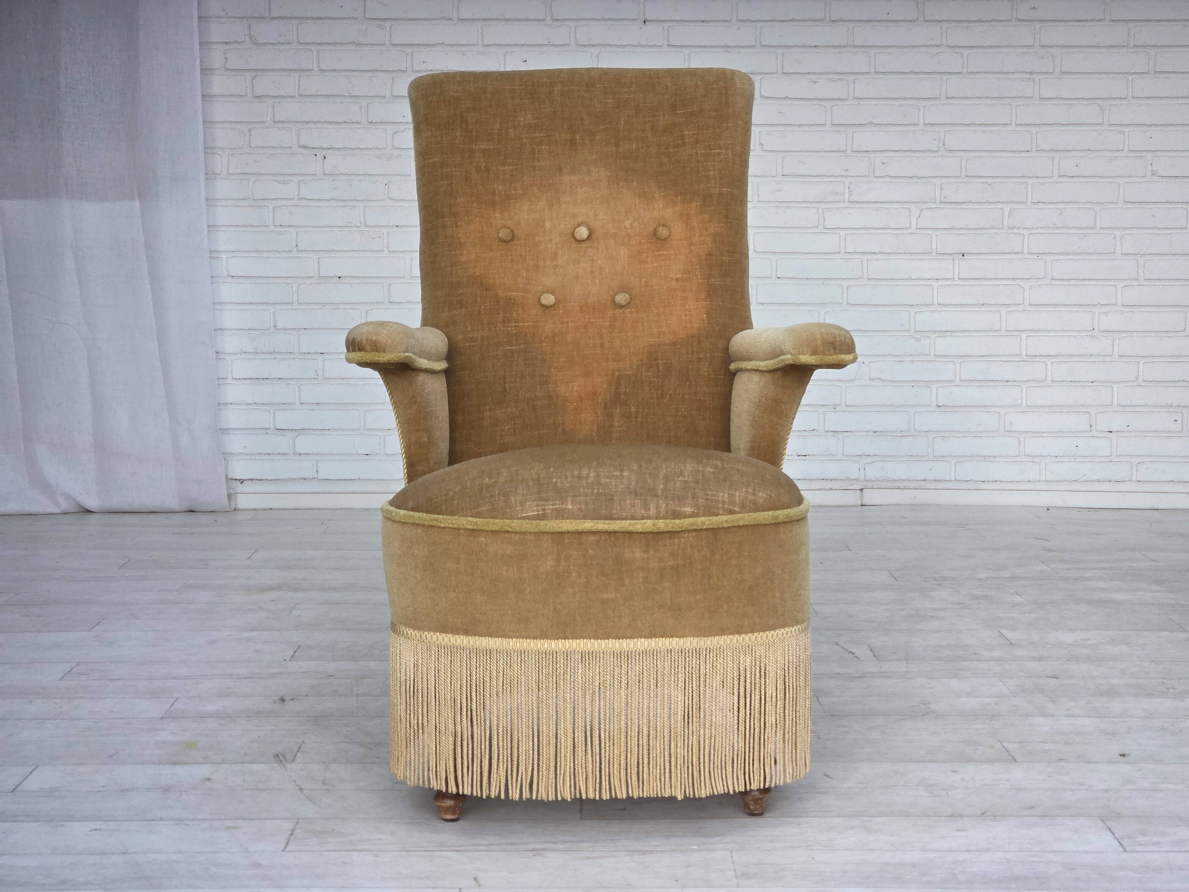 1950s, Danish armchair, furniture velour, ash wood legs.
