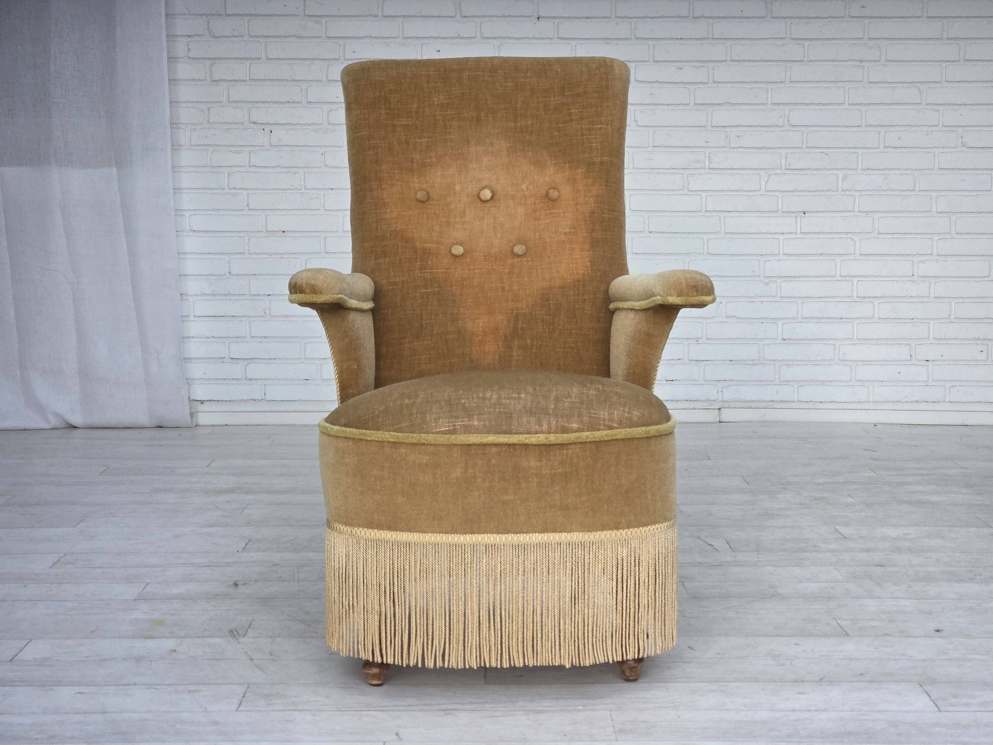1950s, Danish armchair, furniture velour, ash wood legs.