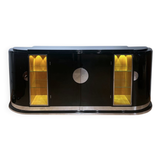 Large Art Deco Sideboard in Black Lacquer & Maple, France, 1930