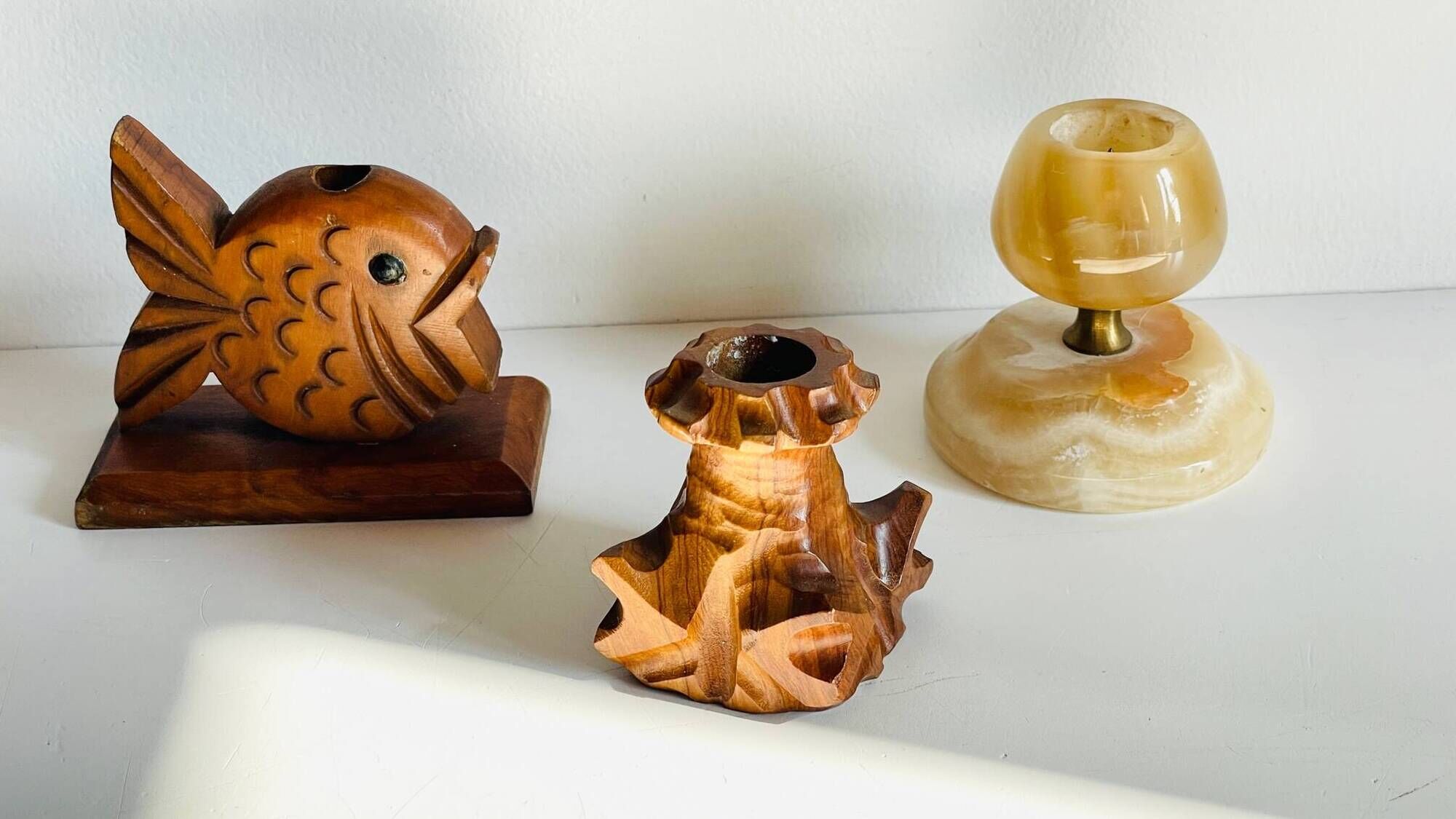 Trio of vintage wood and onyx candle holders